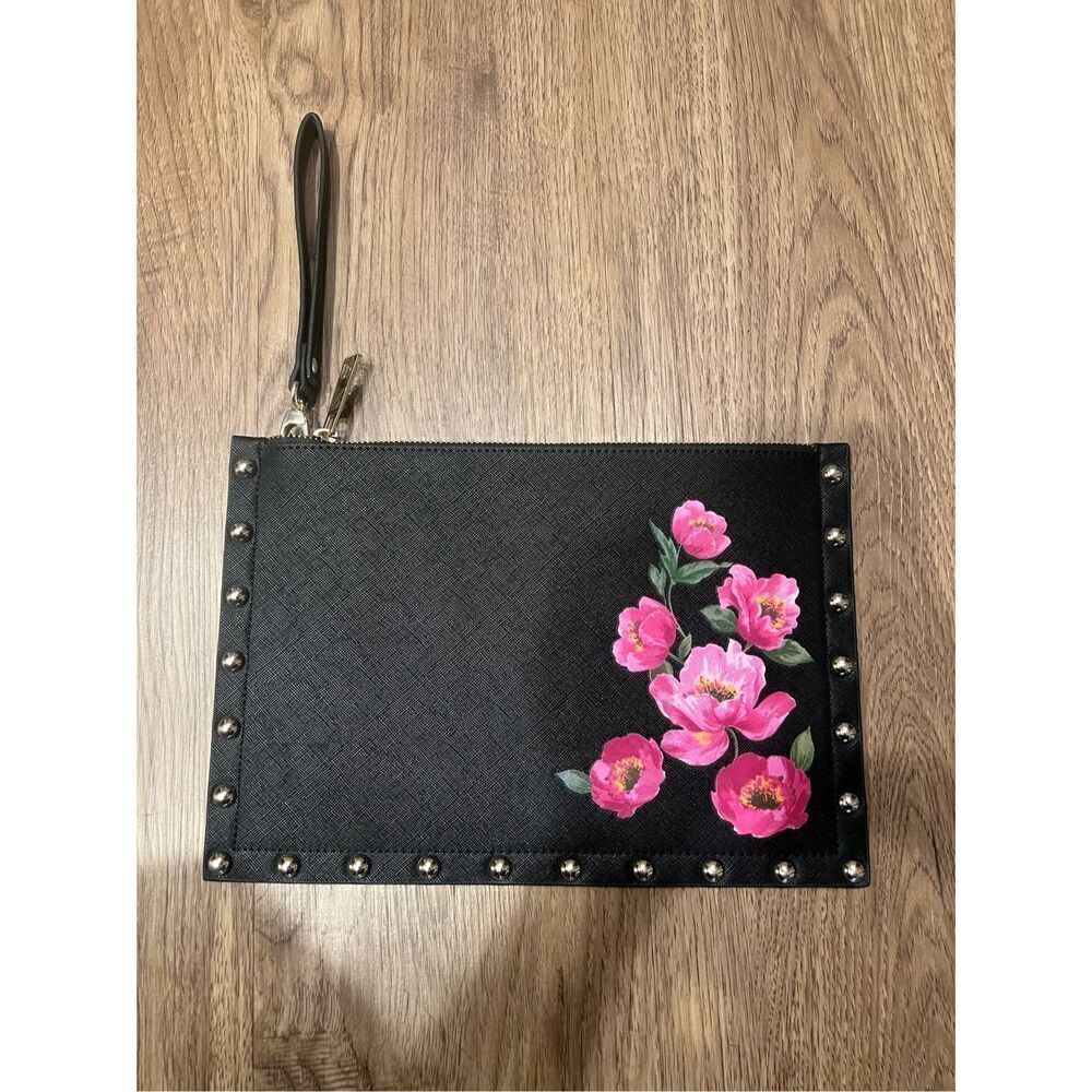 White House Black Market WHBM Black Studded Floral Large Wristlet Pouch